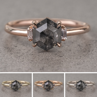 1.59 Carat Black Salt and Pepper Hexagon Diamond Engagement Ring, Zoe Setting
