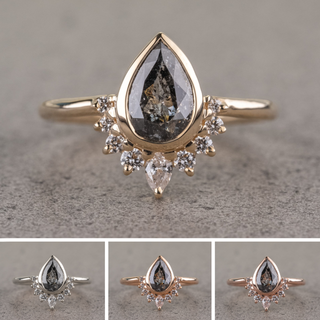 2.35 Carat Salt and Pepper Pear Diamond Engagement Ring, Ava Bezel Setting