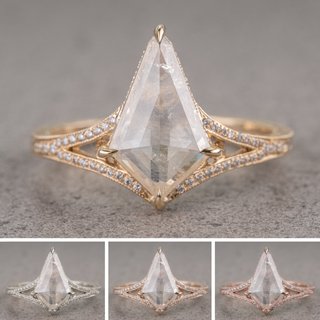 2.20 Carat Icy White Kite Diamond Engagement Ring, Engraved River Setting, Point No Point Studio. Available in a variety of metal types. Eco-friendly, Recycled Metals, Conflict Free.