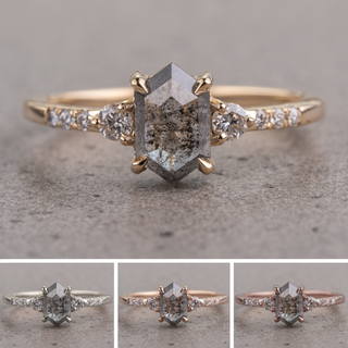 1.11 Carat Salt and Pepper Hexagon Diamond Engagement Ring, Eliza Setting, Point No Point Studio. Available in a variety of metal types. Eco-friendly, Recycled Metals, Conflict Free.