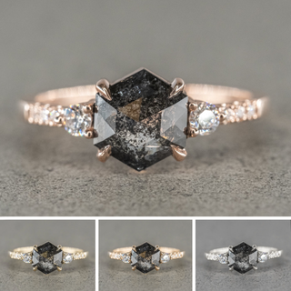 1.42 Carat Black Speckled Hexagon Diamond Engagement Ring, Eliza Setting