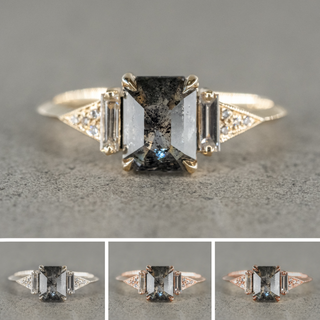 1.49 Carat Salt and Pepper Emerald Diamond Engagement Ring, Azalea Setting, Point No Point Studio. Available in a variety of metal types. Eco-friendly, Recycled Metals, Conflict Free.