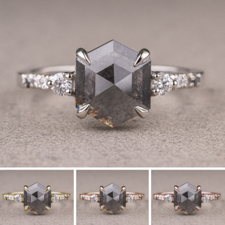 2.45 Carat Black Salt and Pepper Hexagon Diamond Engagement Ring, Ombre Eliza Setting, Point No Point Studio. Available in a variety of metal types. Eco-friendly, Recycled Metals, Conflict Free.