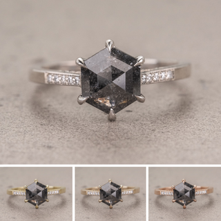 1.32 Carat Black Salt and Pepper Hexagon Diamond Engagement Ring, Mauve Setting