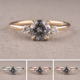 1.21 Carat Salt and Pepper Round Diamond Engagement Ring, Zoe Setting, Point No Point Studio. Available in a variety of metal types. Eco-friendly, Recycled Metals, Conflict Free.