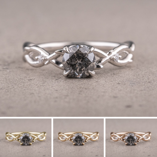 1.45 Carat Salt and Pepper Diamond Engagement Ring, Wisteria Thorns Setting, Point No Point Studio. Available in a variety of metal types. Eco-friendly, Recycled Metals, Conflict Free.