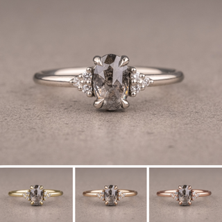 1.01 Carat Salt and Pepper Oval Diamond Engagement Ring, Quinn Setting, Point No Point Studio. Available in a variety of metal types. Eco-friendly, Recycled Metals, Conflict Free.