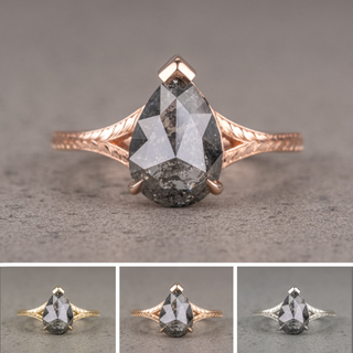 1.77 Carat Black Salt and Pepper Pear Diamond Engagement Ring, Engraved Split Shank Jane, Point No Point Studio. Available in a variety of metal types. Eco-friendly, Recycled Metals, Conflict Free.
