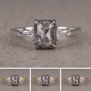 1.55 Carat Black Salt and Pepper Emerald Shaped Diamond Engagement Ring, Zoe Setting