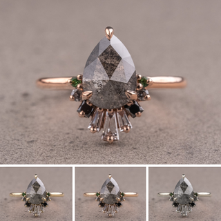 1.43 Carat Salt and Pepper Pear Diamond Engagement Ring, Ombre Wren Setting, Point No Point Studio. Available in a variety of metal types. Eco-friendly, Recycled Metals, Conflict Free.