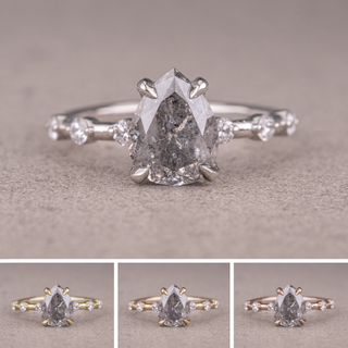 1.43 Carat Canadian Salt and Pepper Pear Diamond Engagement Ring, Nova Setting, Point No Point Studio. Available in a variety of metal types. Eco-friendly, Recycled Metals, Conflict Free.