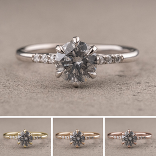 1.41 Carat Salt and Pepper Diamond Engagement Ring, Madeline Setting, Point No Point Studio. Available in a variety of metal types. Eco-friendly, Recycled Metals, Conflict Free.