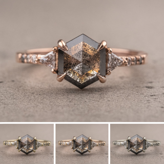 2.04 Carat Black Salt and Pepper Hexagon Diamond Engagement Ring, Ombre Eliza Setting, Point No Point Studio. Available in a variety of metal types. Eco-friendly, Recycled Metals, Conflict Free.