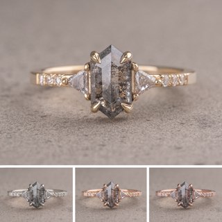 1.56 Carat Salt and Pepper Hexagon Diamond Engagement Ring, Eliza Setting