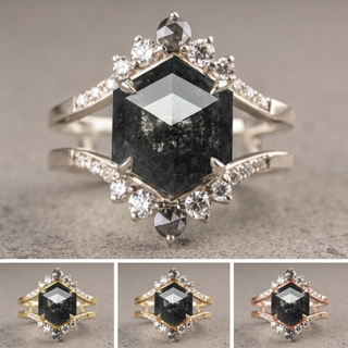 2.74 Carat Black Hexagon Diamond Engagement Ring, Empress Setting, Point No Point Studio. Available in a variety of metal types. Eco-friendly, Recycled Metals, Conflict Free.