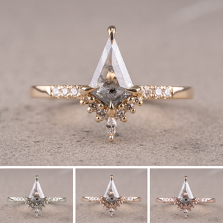 .49 Carat Salt and Pepper Kite Diamond Engagement Ring, Avaline Setting, Point No Point Studio. Available in a variety of metal types. Eco-friendly, Recycled Metals, Conflict Free.