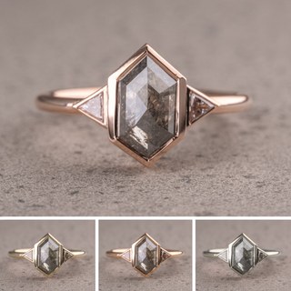 1.50 Carat Salt and Pepper Hexagon Diamond Engagement Ring, Bezel Zoe Setting, Point No Point Studio. Available in a variety of metal types. Eco-friendly, Recycled Metals, Conflict Free.