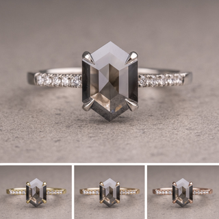 2 Carat Black Hexagon Diamond Engagement Ring, Jules Setting, Point No Point Studio. Available in a variety of metal types. Eco-friendly, Recycled Metals, Conflict Free.
