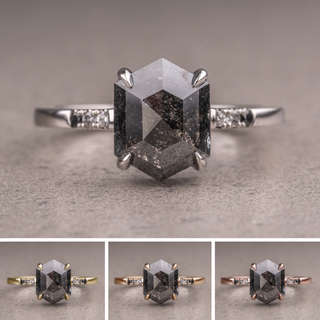 1.84 Carat Black Hexagon Diamond Engagement Ring, Ombre Jules Setting, Point No Point Studio. Available in a variety of metal types. Eco-friendly, Recycled Metals, Conflict Free.