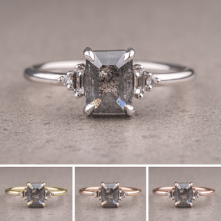 1.55 Carat Black Salt and Pepper Asscher Diamond Engagement Ring, Betty Setting, Point No Point Studio. Available in a variety of metal types. Eco-friendly, Recycled Metals, Conflict Free.