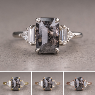2.67 Carat Black Salt and Pepper Emerald Diamond Engagement Ring, Beatrice Setting
