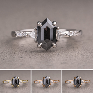 1.26 Carat Black Hexagon Diamond Engagement Ring, Eliza Setting, Point No Point Studio. Available in a variety of metal types. Eco-friendly, Recycled Metals, Conflict Free.