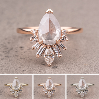 1.77 Carat Icy Salt and Pepper Pear Diamond Engagement Ring, Wren Setting, Point No Point Studio. Available in a variety of metal types. Eco-friendly, Recycled Metals, Conflict Free.