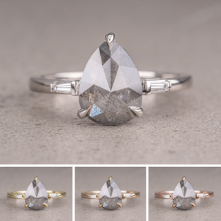 2.37 Carat Salt and Pepper Pear Diamond Engagement Ring, Zoe Setting, Point No Point Studio. Available in a variety of metal types. Eco-friendly, Recycled Metals, Conflict Free.