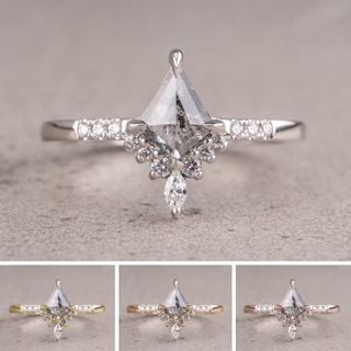 .68 Carat Salt and Pepper Kite Diamond Engagement Ring, Avaline Setting, Point No Point Studio. Available in a variety of metal types. Eco-friendly, Recycled Metals, Conflict Free.
