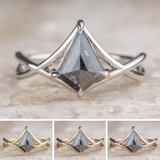 1.40 Carat Black Salt and Pepper Diamond Engagement Ring, Woven Split Shank Jane Setting, Point No Point Studio. Available in a variety of metal types. Eco-friendly, Recycled Metals, Conflict Free.