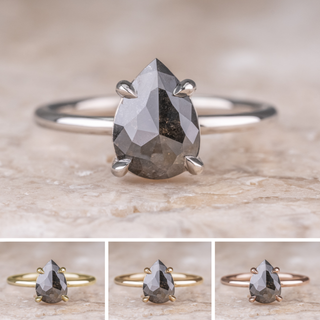 2.30 Carat Black Pear Diamond Engagement Ring, Tulip Basket Jane Setting, Point No Point Studio. Available in a variety of metal types. Eco-friendly, Recycled Metals, Conflict Free.