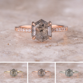 1.72 Carat Salt and Pepper Hexagon Diamond Engagement Ring, Jules Setting, Point No Point Studio. Available in a variety of metal types. Eco-friendly, Recycled Metals, Conflict Free.