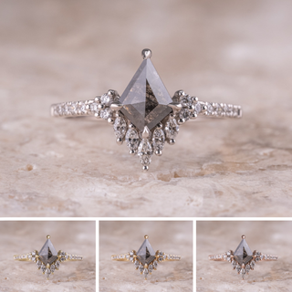 .83 Carat Black Salt and Pepper Kite Diamond Engagement Ring, Camila Setting, Point No Point Studio. Available in a variety of metal types. Eco-friendly, Recycled Metals, Conflict Free.