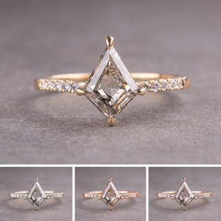 1.69 Carat Canadian Salt and Pepper Kite Diamond Engagement Ring, Jules Setting, Point No Point Studio. Available in a variety of metal types. Eco-friendly, Recycled Metals, Conflict Free.