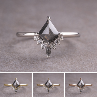 1.25 Carat Black Salt and Pepper Kite Diamond Engagement Ring, Ava Setting, Point No Point Studio. Available in a variety of metal types. Eco-friendly, Recycled Metals, Conflict Free.