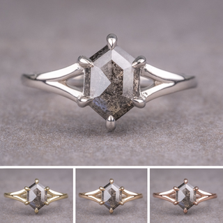 1.37 Carat Black Salt and Pepper Hexagon Diamond Engagement Ring, Split Shank Jane, Point No Point Studio. Available in a variety of metal types. Eco-friendly, Recycled Metals, Conflict Free.