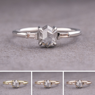 1.01 Carat Salt and Pepper Hexagon Diamond Engagement Ring, Zoe Setting, Point No Point Studio. Available in a variety of metal types. Eco-friendly, Recycled Metals, Conflict Free.