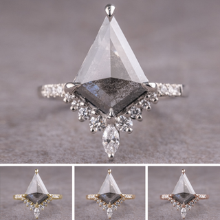 1.93 Carat Black Salt and Pepper Kite Diamond Engagement Ring, Avaline Setting, Point No Point Studio. Available in a variety of metal types. Eco-friendly, Recycled Metals, Conflict Free.