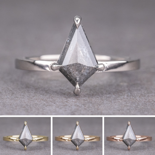 1.02 Carat Salt and Pepper Kite Diamond Engagement Ring, Jane Setting, Point No Point Studio. Available in a variety of metal types. Eco-friendly, Recycled Metals, Conflict Free.