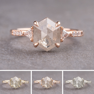 1.56 Carat Icy White Hexagon Diamond Engagement Ring, Eliza Setting, Point No Point Studio. Available in a variety of metal types. Eco-friendly, Recycled Metals, Conflict Free.