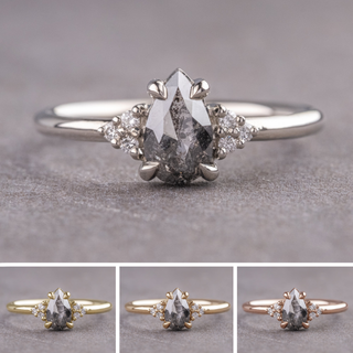1 Carat Salt and Pepper Pear Diamond Engagement Ring, Quinn Setting, Point No Point Studio. Available in a variety of metal types. Eco-friendly, Recycled Metals, Conflict Free.