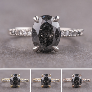 2.32 Carat Salt and Pepper Oval Diamond Engagement Ring, Ombre Jules Setting, Point No Point Studio. Available in a variety of metal types. Eco-friendly, Recycled Metals, Conflict Free.