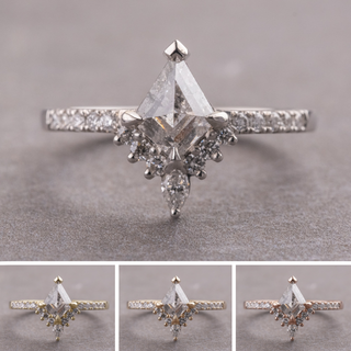 1.32 Carat Canadian Salt and Pepper Kite Diamond Engagement Ring, Avaline Setting, Point No Point Studio. Available in a variety of metal types. Eco-friendly, Recycled Metals, Conflict Free.