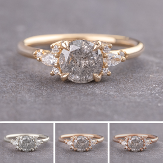 1.19 Carat Salt and Pepper Round Diamond Engagement Ring, Charlotte Setting, Point No Point Studio. Available in a variety of metal types. Eco-friendly, Recycled Metals, Conflict Free.