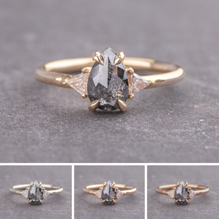 .87 Carat Salt and Pepper Pear Diamond Engagement Ring, Zoe Setting, Point No Point Studio. Available in a variety of metal types. Eco-friendly, Recycled Metals, Conflict Free.