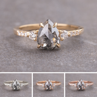2.09 Carat Canadian Salt and Pepper Pear Diamond Engagement Ring, Eliza Setting, Point No Point Studio. Available in a variety of metal types. Eco-friendly, Recycled Metals, Conflict Free.