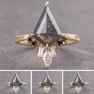 1.77 Carat Salt and Pepper Kite Diamond Engagement Ring, Engraved Ombre Wren Setting