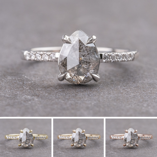 1.61 Carat Salt and Pepper Pear Diamond Engagement Ring, Jules Setting, Point No Point Studio. Available in a variety of metal types. Eco-friendly, Recycled Metals, Conflict Free.