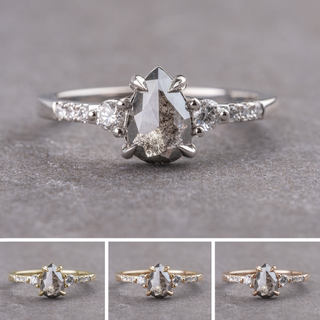 .97 Carat Salt and Pepper Pear Diamond Engagement Ring, Eliza Setting, Point No Point Studio. Available in a variety of metal types. Eco-friendly, Recycled Metals, Conflict Free.