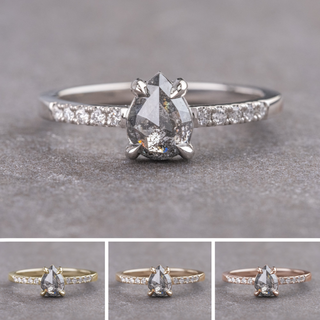 1.25 Carat Salt and Pepper Pear Diamond Engagement Ring, Jules Setting, Point No Point Studio. Available in a variety of metal types. Eco-friendly, Recycled Metals, Conflict Free.
